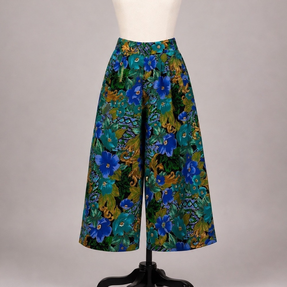 Vintage Floral Culottes High Waisted Wide Leg Crop Pants Blue Green Size 9/10